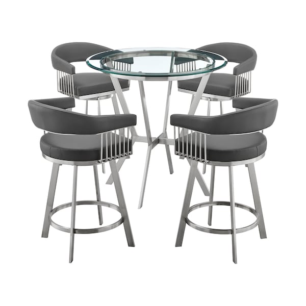 Armen Living Naomi and Chelsea 5-Piece Counter Height Dining Set in Brushed Stainless Steel and Gray Faux Leather SETNMCHGRBS5 - main